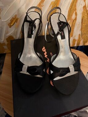 Nina Black Satin Slingback Heels with Rhinestone Accent